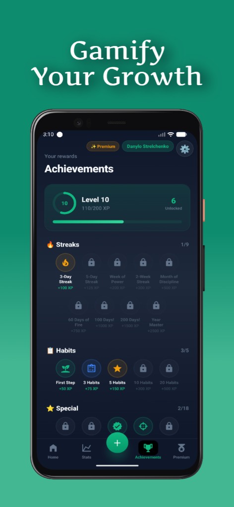 Iteratio Achievements: level, XP bar, unlocked streak milestones, and trophies
