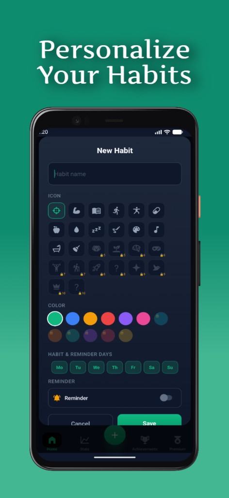 Iteratio New Habit editor: icons, colors, reminder days toggle
